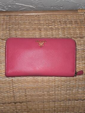 Prada Saffiano Leather Zip Wallet in Hot Pink with Gold Logo